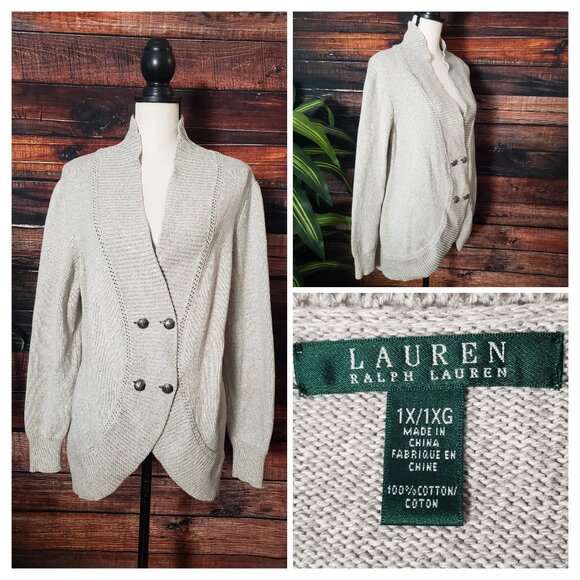 Lauren Ralph Lauren 1X Cardigan Sweater Light Gray Double Button Front - Picture 1 of 10